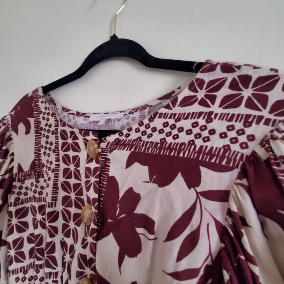Olivaceous Smocked Elastic Waist Maroon Floral Boho Mini Dress Size S - Picture 2 of 11